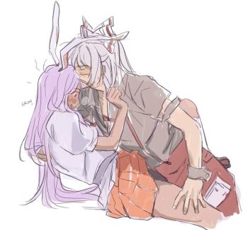 2girls animal_ears assertive_female blush bow brown_shoes clenched_hand closed_eyes commentary english_commentary english_text esshemasha falling feet_out_of_frame fujiwara_no_mokou full-face_blush hand_on_another's_chest hand_on_another's_leg hand_on_another's_mouth leaning_forward leg_up long_hair looking_down multiple_girls orange_skirt pants pleated_skirt puffy_short_sleeves puffy_sleeves purple_hair pushing_away rabbit_ears rabbit_girl raised_inner_eyebrows red_eyes red_pants red_trim reisen_udongein_inaba resisting shirt shoes short_sleeves simple_background sitting skirt socks surprised suspenders touhou white_background white_bow white_hair white_shirt white_socks white_wrist_cuffs wrist_cuffs yuri