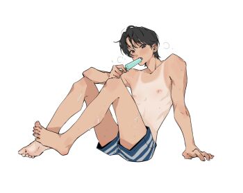 1boy barefoot black_eyes black_hair character_request commentary_request copyright_request curtained_hair earrings feet food full_body highres hot jewelry looking_at_viewer male_focus nipples popsicle puff_of_air shirt_tan short_hair shorts simple_background sitting solo sweat tan tanline toes topless_male white_background xhx030302