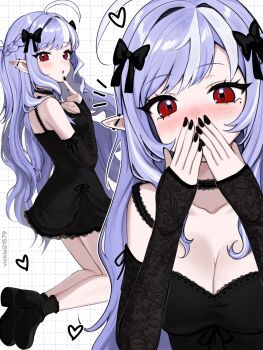 1girl ahoge alternate_costume alternate_hairstyle black_dress black_nails black_shoes blush breasts choker cleavage commentary covering_own_mouth detached_sleeves dress goth_fashion grid_background hair_ribbon high_heels highres lace lace_choker lace_sleeves lace_socks long_hair looking_at_viewer medium_breasts mole mole_under_eye multicolored_hair multiple_views pointy_ears purple_hair red_eyes ribbon shoes streaked_hair vickie_(cryingrobot) vivian_banshee white_hair zenless_zone_zero