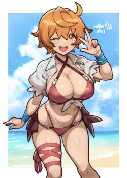 1girl absurdres arm_ribbon beach becky_(dragalia_lost) blue_ribbon breasts collarbone commentary commission dragalia_lost earrings english_commentary highres jewelry ko-fi_commission large_breasts leg_ribbon looking_at_viewer one_eye_closed open_mouth orange_eyes orange_hair red_ribbon ribbon rotomdocs shirt short_hair signature smile solo swimsuit v white_shirt