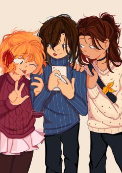 Rule 34 | 1boy, 2girls, ;d, brown hair, collar, commissioner insert, dress, feet out of frame, hair between eyes, hair ribbon, hairband, high ponytail, highres, looking at another, main character (our life), mirror selfie, multiple girls, nobi33ka, one eye closed, open mouth, orange hair, our life, our life: now and forever, pink dress, polyamory, ponytail, qiu lin (our life), red sweater, ribbed sweater, ribbon, sash, selfie, smile, sweater, tamarack baumann, tongue, tongue out, turtleneck, v