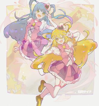 Rule 34 | 2girls, armband, blonde hair, blue hair, border, bow, bowtie, brown shoes, don quixote (project moon), e.g.o (project moon), full body, hair ornament, heart, heart hair ornament, highres, in the name of love and hate (e.g.o), limbus company, lobotomy corporation (identity) (project moon), long hair, long sleeves, looking at viewer, magical girl, multiple girls, one eye closed, open mouth, orange armband, pink bow, pink bowtie, pink garter straps, pink skirt, pink vest, project moon, queen of hatred, rrruriseki, shoes, simple background, skirt, standing, striped clothes, striped skirt, thighhighs, two side up, v, vertical-striped clothes, vertical-striped skirt, vest, white border, white thighhighs, yellow background, yellow eyes