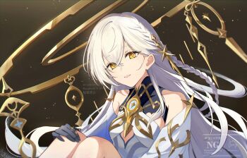 1girl bare_shoulders black_gloves braid breasts brown_background commentary_request detached_sleeves dress genshin_impact gloves hand_on_own_knee istaroth_(genshin_impact) long_hair long_sleeves miyanami_3 parted_lips signature single_braid sleeveless sleeveless_dress small_breasts solo twitter_username upper_body watermark white_dress white_hair white_sleeves yellow_eyes