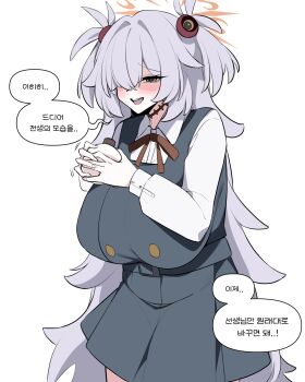 1girl absurdres alternate_breast_size_(larger) blue_archive bottle breasts brown_eyes collared_shirt dress grey_hair hair_ornament hair_over_one_eye halo highres holding holding_bottle huge_breasts jahe_(73732258) kanoe_(blue_archive) korean_text long_hair long_sleeves looking_at_viewer open_mouth pinafore_dress potion ribbon scar scar_on_neck shirt simple_background sleeveless sleeveless_dress solo speech_bubble two_side_up very_long_hair white_background white_shirt