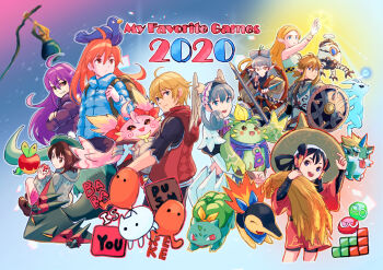 2020 2boys 6+girls :d animal animal_on_head applin baba_(baba_is_you) baba_is_you backpack badeline bag bird bird_on_head blonde_hair bulbasaur cauldron celeste_(video_game) character_request copyright_name copyright_request crossover cyndaquil diogenes_(getting_over_it) dragapult english_text fuwamoko_momen_toufu gen_1_pokemon gen_2_pokemon gen_8_pokemon getting_over_it hammer head_wings highres hyrule_warriors:_age_of_calamity impa in_cauldron keke_(baba_is_you) kino_(xenoblade) link long_hair madeline_(celeste) magic melia_antiqua multiple_boys multiple_crossover multiple_girls nene_(xenoblade) nintendo nopon on_head open_mouth orange_eyes orange_hair ori_(ori_and_the_blind_forest) ori_and_the_blind_forest poke_ball poke_ball_(basic) pokemon pokemon_(creature) pokemon_mystery_dungeon pokemon_mystery_dungeon:_rescue_team_dx pokemon_swsh princess_zelda puyopuyo puyopuyo_tetris shield shulk_(xenoblade) silver_hair sledgehammer smile soldier&#039;s_set_(zelda) sword terrako the_legend_of_zelda the_legend_of_zelda:_breath_of_the_wild weapon wings xenoblade_chronicles:_future_connected xenoblade_chronicles_(series) xenoblade_chronicles_1