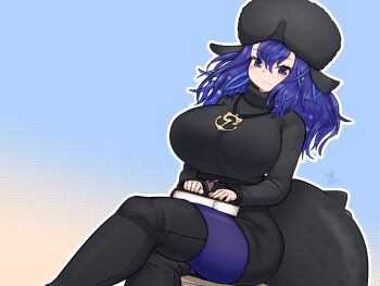 1girl anchor_necklace anchor_pendant black_sweater blue_eyes blue_hair blue_pantyhose blush book boots breasts cetacean_tail fins fish_tail hair_between_eyes hat head_fins highres huge_breasts japari_symbol jewelry kemono_friends kemono_friends_3 long_hair long_sleeves looking_at_viewer mo23 necklace pantyhose sidelocks sitting solo sperm_whale_(kemono_friends) sweater tail turtleneck ushanka whale_girl