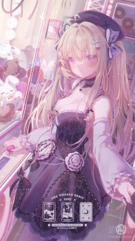 1girl :t ahoge arcade arcade_cabinet arcade_stick bare_shoulders beret black_bow black_hat blonde_hair blunt_bangs blurry blush bow breasts character_name chinese_commentary cleavage closed_mouth commentary commission controller cowboy_shot crane_game cream_(vtuber) depth_of_field detached_collar detached_sleeves dress dress_flower dutch_angle eyes_visible_through_hair floral_print floral_print_dress flower frilled_dress frilled_sleeves frills furrowed_brow game_controller hair_bow hair_intakes hair_ornament hair_ribbon hat heart heart_ahoge heart_hair_ornament highres indie_virtual_youtuber indoors joystick large_breasts long_hair long_sleeves looking_at_viewer mixed-language_commentary nail_polish pout pov print_dress purple_bow purple_eyes purple_nails red_ribbon ribbon rose sidelighting sleeveless sleeveless_dress solo spaghetti_strap standing tearing_up tears umehara_sei very_long_hair virtual_youtuber white_flower white_rose x_hair_ornament