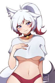Rule 34 | 1girl, animal ears, artist name, bell, black choker, blue eyes, blush, breasts, choker, closed mouth, collarbone, commentary, cropped shirt, english commentary, fox ears, fox girl, fox tail, grey nails, highres, looking at viewer, neck bell, original, panties, red panties, rukiadaichi, shirt, short hair, smile, solo, tail, underboob, underwear, white hair, white shirt