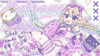 Rule 34 | 1girl, :d, ahoge, bandaid, bandaid on knee, bandaid on leg, bare shoulders, blonde hair, blush stickers, bow hairband, braid, breasts, cardigan, character name, cleavage, commentary, commission, double-parted bangs, drop shadow, fang, feet out of frame, grid background, hair between eyes, hairband, highres, hoshiyume gutara, indie virtual youtuber, kneehighs, long hair, long sleeves, looking at viewer, medium breasts, midriff, navel, notamaru 2, open cardigan, open clothes, open mouth, outline, pink shirt, purple cardigan, purple eyes, purple hairband, purple socks, shirt, signature, skeb commission, skin fang, sleeveless, sleeveless shirt, smile, socks, solo, striped clothes, striped shirt, striped socks, twin braids, vertical-striped clothes, vertical-striped shirt, virtual youtuber, white background, white outline