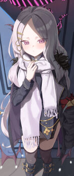 1girl absurdres ahoge armband black_coat black_halo black_skirt black_thighhighs blue_archive blush coat coat_on_shoulders commentary_request demon_girl demon_horns demon_wings halo highres hina_(blue_archive) horns ichinisan326 long_hair looking_at_viewer low_wings purple_eyes red_armband scarf skirt solo standing thighhighs thighs very_long_hair white_hair wings