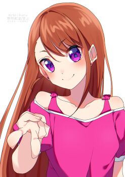 1girl absurdres asymmetrical_bangs brown_hair commentary earrings foreshortening grimace head_tilt highres hijiri_ageha hirogaru_sky!_precure jewelry long_hair looking_at_viewer myarikuru pink_shirt precure purple_eyes shirt shirt_straps short_sleeves simple_background smile solo stud_earrings upper_body v white_background