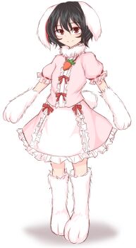 Rule 34 | 1girl, animal ears, animal hands, black hair, carrot necklace, cropped, dress, female focus, floppy ears, frilled dress, frills, full body, inaba tewi, jewelry, kuroba rapid, looking at viewer, necklace, non-web source, pink dress, puffy short sleeves, puffy sleeves, rabbit ears, rabbit tail, red eyes, short hair, short sleeves, simple background, smile, solo, source request, tail, touhou, white background