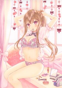 1girl absurdres arms_up black_ribbon blush bow bow_bra bow_panties bra breasts brown_hair cleavage closed_mouth collared_shirt commentary commentary_request crossed_bangs curtains english_commentary feet_out_of_frame frilled_shirt_collar frilled_sleeves frills hair_over_shoulder hair_tie hair_tie_in_mouth highres indoors large_breasts lingerie long_hair long_sidelocks marker_(medium) mixed-language_commentary mouth_hold navel neck_ribbon off_shoulder original osumi_izumi panties pink_bra pink_hair pink_panties ponytail ribbon shirt short_sleeves sidelocks sitting smile solo stomach traditional_media tying_hair unbuttoned underwear white_shirt window