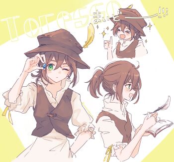 >_< 1girl :d blue_gemstone brown_hair brown_hat commentary_request crossed_bangs gem green_eyes hair_between_eyes hat highres holding holding_quill mamenogawa multiple_views octopath_traveler octopath_traveler_ii one_eye_closed open_mouth ori_(octopath_traveler) ponytail quill short_ponytail smile sparkle thumbs_up translation_request tressa_(octopath_traveler) white_background xd yellow_background