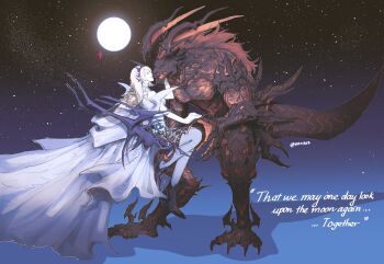 1boy 1girl absurdres blonde_hair cape claws english_text fangs final_fantasy final_fantasy_xvi full_moon glowing hand_on_own_face highres horns ifrit_(final_fantasy) jill_warrick long_hair looking_at_another monster moon night night_sky pale_skin pointy_ears revision shiva_(final_fantasy) sky slackertherubycat smile star_(sky) starry_sky tail tiara white_cape
