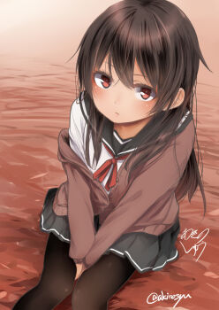 1girl akino_shuu black_hair black_pantyhose cardigan commentary_request iroha_kaede long_hair looking_at_viewer original pantyhose red_eyes school_uniform serafuku sitting skirt solo