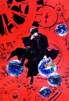 1boy absurdres black_footwear black_hair black_jacket blue_eyes clamp closed_mouth earth_(planet) frown full_body gears highres jacket jacket_on_shoulders lace-up_shoes leg_lift male_focus official_art planet red_background red_theme scan shirou_kamui short_hair solo thinking traditional_media uniform x_(manga)