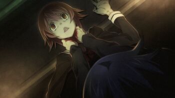 1boy 1girl asphyxiation black_jacket blazer blood blood_on_hands breasts chaos;child choke_hold constricted_pupils cropped_jacket crying crying_with_eyes_open dim_lighting drooling dutch_angle dying fingernails from_above game_cg hand_on_another's_neck hands_on_another's_neck hekiho_academy_school_uniform highres jacket long_sleeves medium_breasts miyashiro_takuru neck_grab non-web_source official_art onoe_serika open_mouth pink_hair sailor_collar sailor_shirt saliva sasaki_mutsumi science_adventure shirt short_hair_with_long_locks strangling tears tongue white_sailor_collar wide-eyed