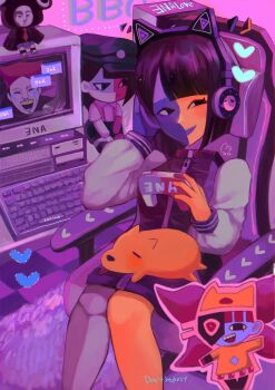 Rule 34 | 2girls, black hair, blue skin, blunt bangs, chair, character doll, chibi, chibi inset, clown (ena), colored skin, computer, dog, doll, ena: dream bbq, ena (dream bbq), ena (ena), ena (series), ena (species), ena (web series), floating head, froggy (ena), happy ena, headphones, highres, hourglass dog, in-franchise crossover, jacket, moony (ena), multicolored skin, multiple girls, on chair, open mouth, salesperson ena, smile, split-color skin, taski maiden (ena), two-tone skin, usagimarumei, yellow skin