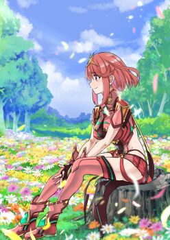 1girl blue_sky bob_cut closed_mouth cloud commentary_request core_crystal_(xenoblade) falling_petals field flower flower_field full_body highres on_tree_stump outdoors petals pyra_(xenoblade) red_eyes red_hair sitting sky smile sofusan1526 solo tree xenoblade_chronicles_(series) xenoblade_chronicles_2