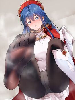 1girl absurdres black_pantyhose blue_eyes blue_hair blush boots breasts commission embarrassed feet fire_emblem fire_emblem:_the_binding_blade fire_emblem_heroes foot_focus from_below gloves grey_background hana-ko_(kahun9893) hat highres knee_boots lilina_(fire_emblem) lilina_(firelight_leader)_(fire_emblem) long_hair looking_at_viewer looking_down nintendo official_alternate_costume panties panties_under_pantyhose pantyhose red_hat shoes single_shoe skeb_commission small_breasts smile soles solo steaming_body underwear white_boots white_gloves white_panties