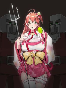 1girl ahoge animal_print baneroku bell belt belt_buckle blush breasts buckle cat_print cherry_blossom_print collar floral_print frilled_thigh_strap green_eyes hair_bell hair_between_eyes hair_ornament hairclip highres holding holding_weapon hololive illager_(minecraft) large_breasts long_hair looking_at_viewer minecraft miniskirt pillager pink_collar polearm sakura_miko sakura_miko_(1st_costume) single_thighhigh skirt thigh_strap thighhighs thighs trident virtual_youtuber weapon white_thighhighs wide_sleeves zettai_ryouiki