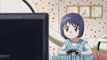 animated animated_gif blue_hair controller game_console kamisama_dolls kuga_utao playing_games playstation_2