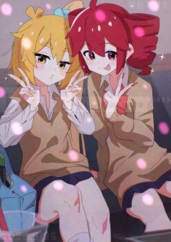 2girls absurdres ahoge akita_neru antenna_hair artist_name black_skirt blonde_hair blush_stickers brown_sweater commentary_request dated dot_nose double-parted_bangs double_v drill_hair fin_gocco fingernails hair_between_eyes highres kasane_teto long_hair long_sleeves looking_at_viewer multiple_girls nail_polish pleated_skirt red_eyes red_hair red_nails side_ponytail sidelocks sitting skirt socks sparkle sweater tongue tongue_out twin_drills undershirt utau v very_long_hair vocaloid watermark white_socks wing_collar yellow_eyes yellow_nails