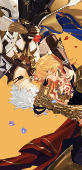 2boys antenna_hair arm_tattoo armlet armor black_choker black_coat black_gloves black_shirt blonde_hair blue_cape blue_eyes braid cape chest_tattoo chinese_commentary choker clawed_gauntlets coat commentary_request earrings facial_tattoo fingerless_gloves gloves gold_earrings gold_necklace gradient_hair highres honkai:_star_rail honkai_(series) jewelry male_focus medium_hair multicolored_hair multiple_boys mydei_(honkai:_star_rail) neck_tattoo necklace open_clothes open_coat parted_bangs pauldrons phainon_(honkai:_star_rail) red_cape red_hair red_tattoo shirt short_hair shoulder_armor side_braid side_cape single_pauldron sun_symbol sun_tattoo tan tattoo wenchelaoyao white_coat white_hair yaoi yellow_eyes