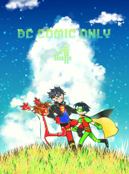3boys bart_allen black_hair blue_eyes bodysuit boots brown_hair cape dc_comics gloves goggles highres impulse kon-el male_focus mask multiple_boys robin_(dc) s_shield sky superboy jika-tabi tim_drake young_justice