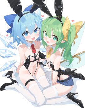 2girls :d absurdres animal_ear_hairband animal_ears arm_belt arms_behind_back bare_shoulders belt black_gloves black_leotard black_shoes blue_bow blue_eyes blue_hair blue_shorts blush bow breasts cirno collar daiyousei detached_collar fake_animal_ears gloves green_eyes green_hair hair_between_eyes hair_bow hairband half_gloves heart high_heels highleg highleg_leotard highres ice ice_wings kneeling laceys_es leotard loli looking_at_viewer medium_hair micro_shorts multiple_girls navel necktie open_mouth playboy_bunny pointy_ears pumps rabbit_ear_hairband rabbit_ears rabbit_tail red_necktie see-through_clothes see-through_leotard shoes shorts side_ponytail simple_background sitting small_breasts smile strapless strapless_leotard tail thigh_belt thigh_strap thighhighs thighs touhou translucent_bunnysuit wariza white_background white_thighhighs white_wings white_wrist_cuffs wings wrist_cuffs yellow_bow yellow_necktie