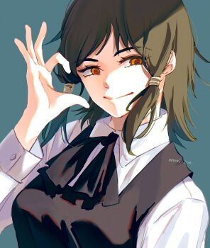 Rule 34 | 1girl, artist name, black bow, black bowtie, blue background, bow, bowtie, brown hair, chainsaw man, closed mouth, collared shirt, fourth east high school uniform, hand up, highres, ice morinaka, long sleeves, mifune fumiko, orange eyes, school uniform, shirt, short hair, simple background, smile, solo, upper body, white shirt