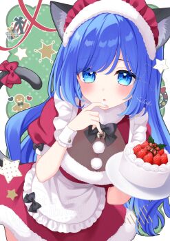 Rule 34 | 1girl, animal ear fluff, animal ears, apron, artist name, bell, black bow, black ribbon, blue eyes, blue hair, blush, bow, breasts, cake, cat ears, christmas, christmas wreath, cleavage, commentary, cowboy shot, dot nose, dress, english commentary, facing viewer, finger to mouth, food, food on hand, frilled apron, frills, fruit, fur-trimmed dress, fur-trimmed headwear, fur collar, fur trim, gingerbread man print, hair between eyes, heart, heart in eye, highres, holding, holding plate, holly, icing, large breasts, leaning forward, long hair, looking at viewer, maid, maid headdress, neck bell, original, parted lips, plate, red dress, red headdress, ribbon, see-through cleavage, see-through clothes, short sleeves, sidelocks, single wrist cuff, solo, star (symbol), star print, stardrop, strawberry, symbol in eye, tail, tail ornament, tail ribbon, very long hair, white apron, white wrist cuffs, wreath, wrist cuffs