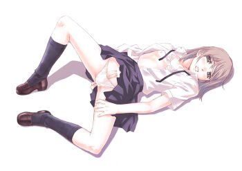 Rule 34 | 1boy, anal fingering, androgynous, black skirt, black socks, blush, bra, brown hair, clothes lift, crossdressing, erection, fingering, long hair, male focus, male masturbation, mary janes, masturbation, nyaou, open mouth, original, panties, penis, penis in panties, shirt, shoes, simple background, skirt, skirt lift, socks, solo, trap, unbuttoned, underwear, white background, white panties, white shirt