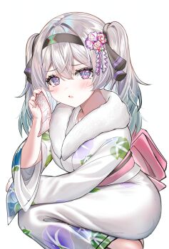 1girl absurdres alternate_costume alternate_hairstyle commentary commentary_request devl_ga_aru english_commentary firefly_(honkai:_star_rail) fur-trimmed_kimono fur_trim gradient_hair green_hair grey_hair hair_between_eyes highres honkai:_star_rail honkai_(series) japanese_clothes kimono leaf_print long_hair long_sleeves looking_at_viewer multicolored_hair open_mouth pink_eyes simple_background solo squatting twintails white_background white_kimono wide_sleeves