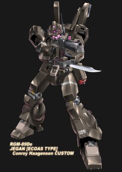 Rule 34 | absurdres, aiming, assault visor, asymmetrical dual wielding, beam gun, black background, character name, color variation, comiket 90, commentary request, dual wielding, earth federation, gun, gundam, gundam unicorn, handgun, highres, holding, holding gun, holding knife, holding weapon, jegan, jegan ecoas type, knife, lens flare, mecha, mecha focus, mobile suit, no humans, purple visor, radio antenna, realistic, robot, science fiction, seotaku (kyokkou), solo, weapon