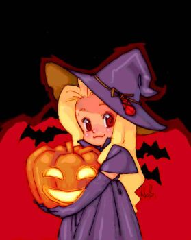 1girl bat_(animal) blonde_hair character_request closed_mouth dress elbow_gloves gloves halloween halloween_costume hat jack-o&#039;-lantern long_hair looking_at_viewer pumpkin purple_hat smile solo witch_hat yuuki_nobuteru