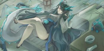 1girl absurdres arknights black_hair colored_skin dragon_girl dragon_horns dragon_tail dusk_(ambience_synesthesia)_(arknights) dusk_(arknights) eastern_dragon_tail green_horns green_skin hair_over_one_eye happychen highres horns long_hair pointy_ears red_eyes solo tail