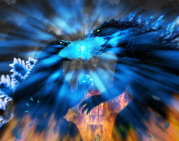 atomic_breath battle beam_clash breath_weapon dinosaur dual_persona energy energy_beam energy_clash explosion fight fighting fire foundation_x giant giant_monster gills glowing godzilla godzilla_(2014) godzilla_(playstation_3/playstation_4) godzilla_(series) godzilla_vs._mothra in-franchise_crossover kaiju legendary_pictures light_particles monster monsterverse mouth_beam particles plasma plasma_beam projectile_clash red_eyes toho yellow_eyes