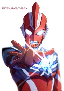 Rule 34 | 1boy, absurdres, alien, arm at side, armor, blue eyes, blurry, breastplate, character name, color timer, colored skin, commentary, compound eyes, depth of field, diffraction spikes, english text, film grain, giant, giant male, glowing, glowing eyes, gradient text, hand up, highres, looking at viewer, male focus, multicolored skin, nkeo, no pupils, omega slugger, open hand, outstretched hand, pectorals, reaching, reaching towards viewer, red skin, silver skin, simple background, solo, spread fingers, straight-on, tokusatsu, toned, toned male, two-tone skin, ultra series, ultraman omega, ultraman omega (series), upper body, white background