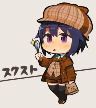 1girl black_hair black_thighhighs capelet chibi deerstalker detective female_focus hat ibara. magnifying_glass necktie purple_eyes school_girl_strikers short_hair shorts solo sumihara_satoka thighhighs triangle_mouth