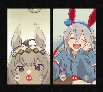 Rule 34 | 2girls, ahoge, animal ears, blue eyes, blue hairband, blue hoodie, blush, closed eyes, collarbone, commentary request, ear covers, ear ornament, fang, giragira egao, grey hair, hair between eyes, hair ornament, hairband, head rest, headband, highres, hood, hood down, hoodie, horse ears, horse girl, korean commentary, long hair, long sleeves, multicolored hair, multicolored hairband, multiple girls, oguri cap (umamusume), open mouth, red headband, smile, striped clothes, striped hairband, tamamo cross (umamusume), two-tone hairband, umamusume, video call
