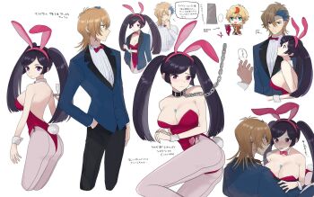 1boy 1girl animal_ears ash_phoenix ass backless_leotard between_breasts black_hair blue_eyes breasts cleavage code_geass code_geass:_dakkan_no_roze fake_animal_ears fake_bunny_ears fake_tail highres large_breasts leotard long_hair pantyhose playboy_bunny purple_eyes rabbit_ears rabbit_tail sumeragi_sakuya tail twintails