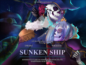 Rule 34 | 1boy, 1girl, bird, blue coat, blue hair, blue hat, bridal veil, brown hair, coat, commentary, drake (ragnarok online), english commentary, english text, epaulettes, hat, humanization, looking at viewer, parody, parrot, pirate, pkyu, ragnarok online, short hair, skeleton, sky, star (sky), starry sky, titanic (movie), undead, upper body, veil, wraith (ragnarok online)