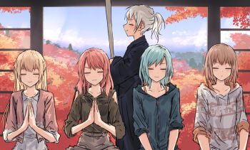 Rule 34 | 5girls, bang dream!, bang dream! girls band party!, black kimono, blonde hair, blue hair, blue jacket, blue sky, brown hair, brown jacket, closed eyes, closed mouth, clothing cutout, collarbone, collared dress, collared shirt, commentary, dress, grey hoodie, grey skirt, half updo, highres, hikawa hina, holding, hood, hoodie, jacket, japanese clothes, keisaku (object), kimono, long hair, maruyama aya, meditation, medium hair, multiple girls, open clothes, open jacket, own hands together, pastel palettes (bang dream!), pink hair, ponytail, purple dress, revision, shirasagi chisato, shirt, shoulder cutout, sidelocks, skirt, sky, smile, three-quarter sleeves, wakamiya eve, white hair, yamato maya, yukitake (bullfalk)