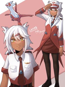Rule 34 | 1girl, :3, absurdres, black pantyhose, black shoes, coat, collared shirt, dark-skinned female, dark skin, folded ponytail, gen 3 pokemon, hair between eyes, hair ornament, hairclip, hand up, hat, highres, humanization, latias, legendary pokemon, necktie, nintendo, original, pantyhose, pencil skirt, pokemon, red background, red coat, red hat, red necktie, red shirt, red skirt, salute, shirt, shoes, short sleeves, sidelocks, simple background, skirt, swept bangs, theartistmouse, travel attendant, unkempt, white background, white coat, white hair, white hat, white shirt, yellow eyes