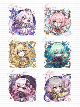 Rule 34 | 1boy, 5girls, aglaea (honkai: star rail), anaxa (honkai: star rail), blonde hair, blue hair, castorice (honkai: star rail), chibi, chibi only, closed mouth, commentary request, english text, evernight (honkai: star rail), evey (honkai: star rail), green hair, grey hair, honkai: star rail, honkai (series), hyacine (honkai: star rail), little ica (honkai: star rail), looking at viewer, march 7th (honkai: star rail), mem (honkai: star rail), multicolored hair, multiple girls, open mouth, pink hair, purple eyes, purple hair, stelle (honkai: star rail), trailblazer (honkai: star rail), white background, yashiro seika