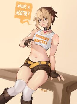 1boy artist_name belt blonde_hair brown_gloves brown_hair brown_shorts bulge clothes_writing collar crop_top english_text femboy_hooters_(meme) fingerless_gloves freckles gloves highres meme multicolored_hair navel on_table over-kneehighs short_shorts shorts sidelocks table tank_top thighhighs toxxy trap two-tone_hair venture_seas white_tank_top white_thighhighs yellow_belt
