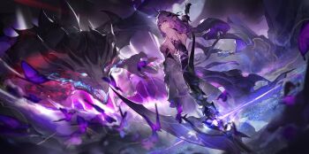 Rule 34 | 1girl, 1other, castorice (honkai: star rail), commentary, dragon, facing away, highres, holding, holding scythe, holding weapon, honkai: star rail, honkai (series), kuno (runkunochan), looking at viewer, pointy ears, pollux (honkai: star rail), scythe, tagme, weapon, white hair