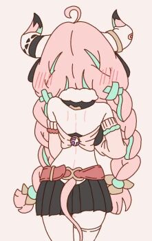 1girl 2025 ahoge animal_ears animated bell bell_earrings blue_eyes blush braid breasts cow_ears cow_girl cow_horns cow_tail cup dayday_(day_1day) detached_sleeves earrings genshin_impact hairband holding holding_cup horns jewelry korean_commentary lactation long_hair looking_at_viewer low_twin_braids multicolored_hair pink_hair pink_sleeves pleated_skirt simple_background skirt solo streaked_hair tail twin_braids varesa_(genshin_impact) very_long_hair video vision_(genshin_impact)